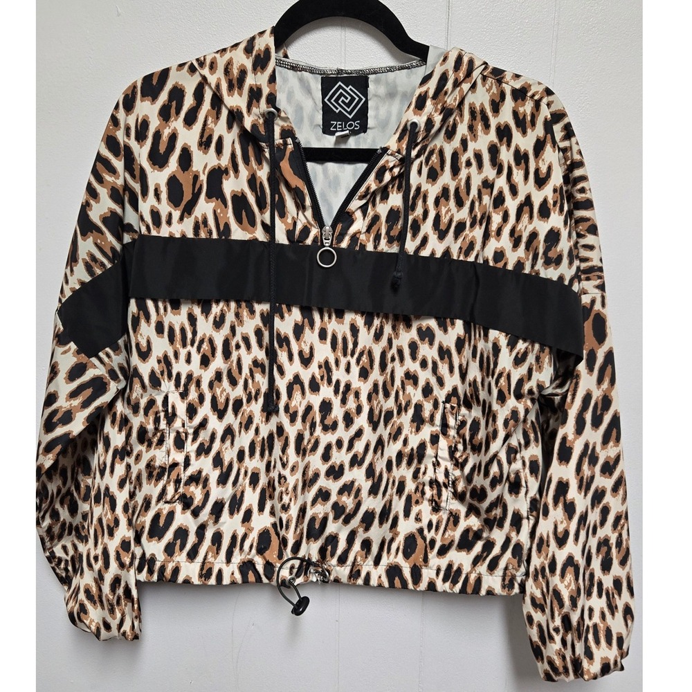 Zelos Womens Leopard Print‎ Half Zip Hooded Windbreaker Jacket Brown Small P